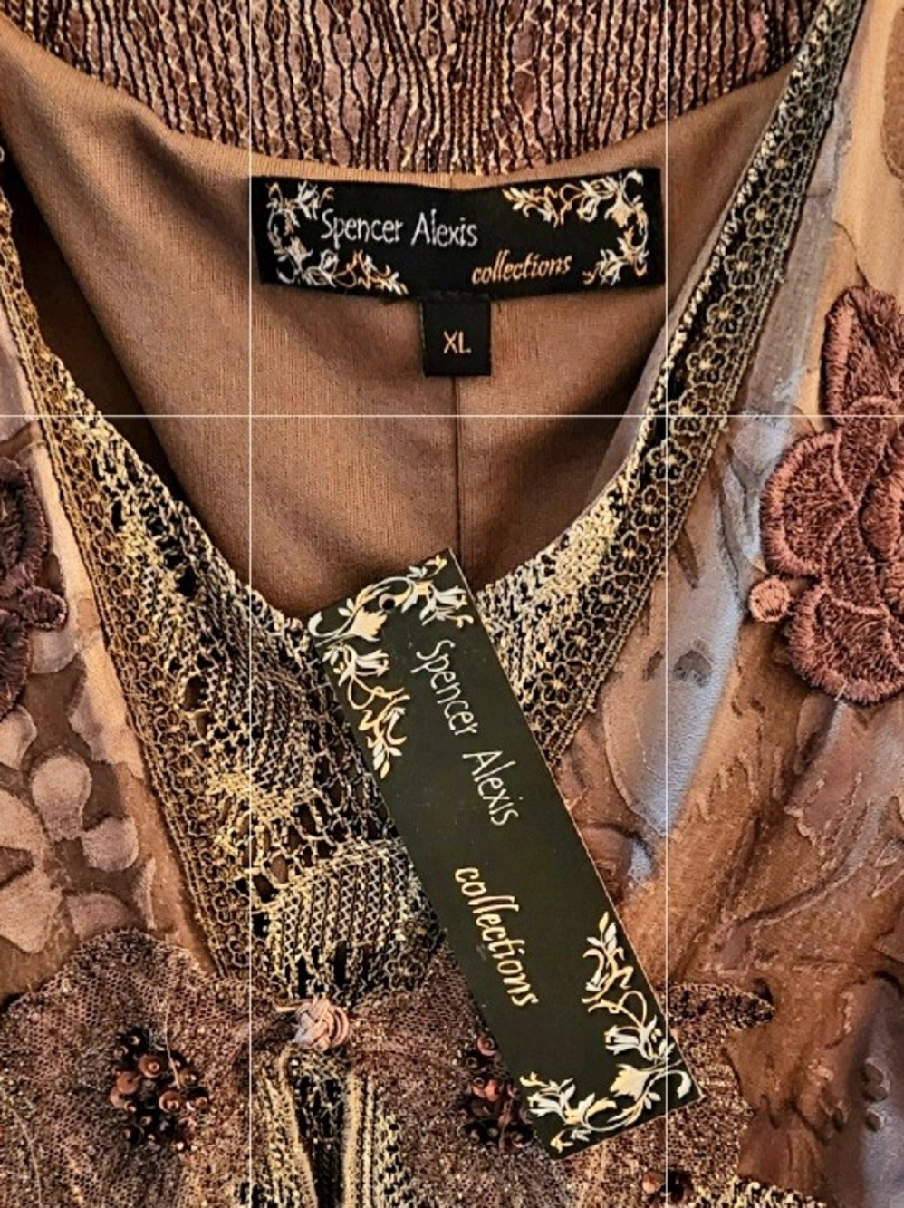 Spencer Alexis Boutique 2-piece Dress\Jacket Brown & Metallic Gold Lace, XL - Picture 3 of 16